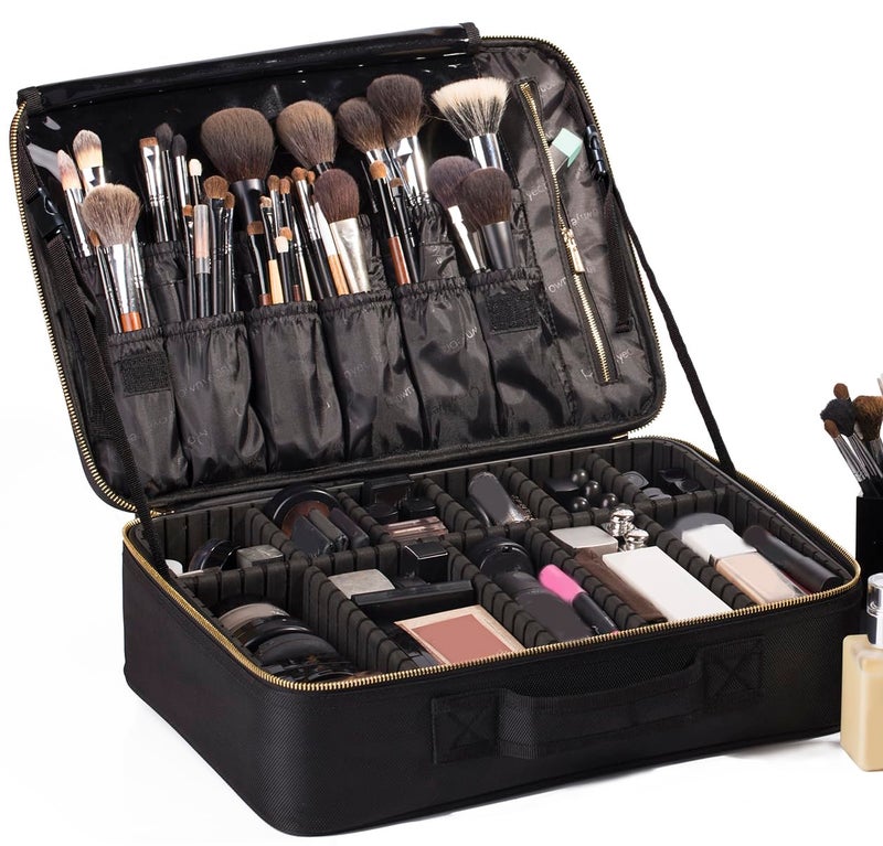 ROWNYEON Makeup Bag Cosmetic Makeup Train Case Artist Makeup Organizer Professional Portable Storage Bag for Women Girl Waterproof EVA Adjustable Dividers Large Black - Image 2